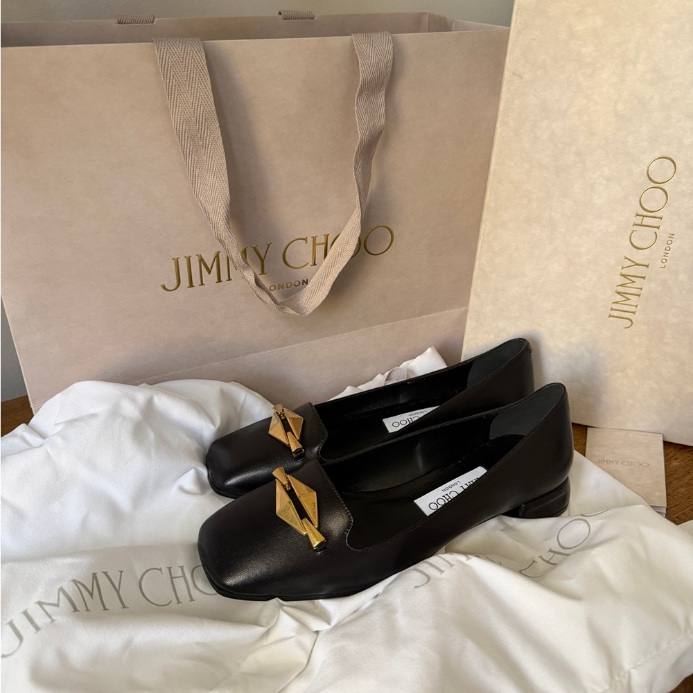 Jimmy Choo Black Flats with Gold Accent Ravi Flat Nappa Leather UNWORN PRISTINE